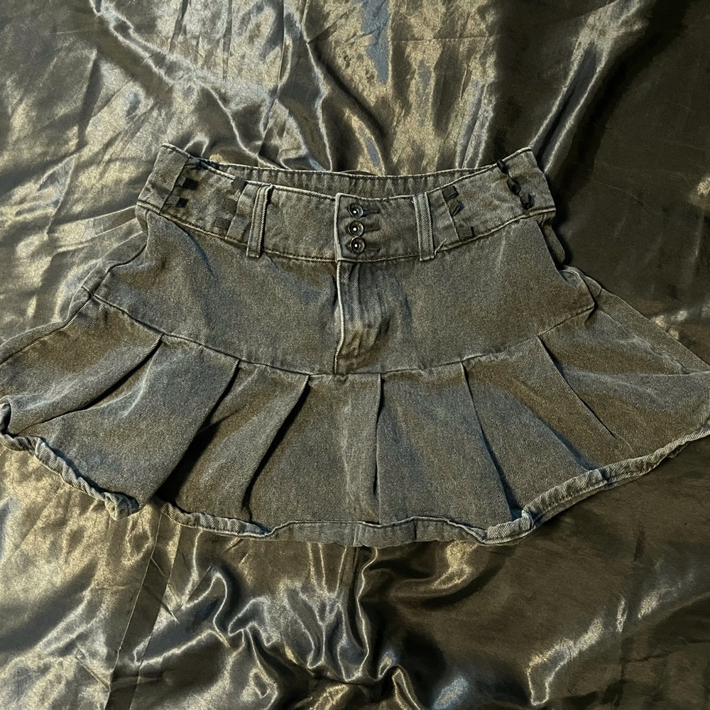 Grey Denim Flared Pleated Mini Skirt